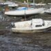 Boote liegen bei Ebbe auf schlammigem Grund im Tidehafen