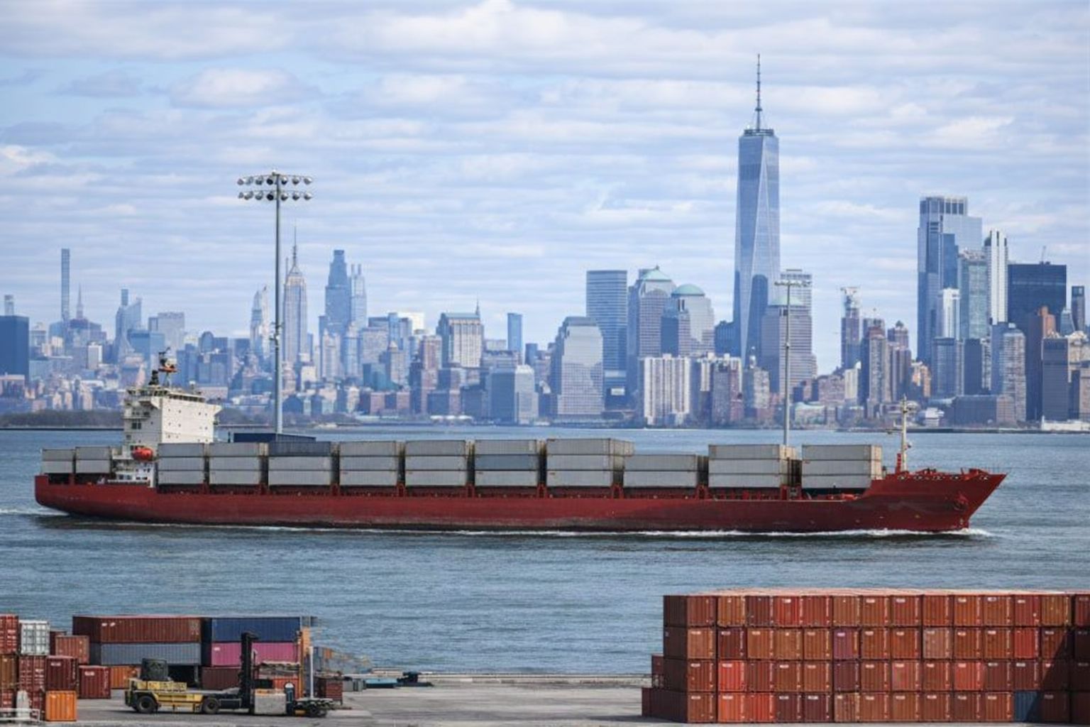 Containerschiff mit New Yorker Skyline im Hintergrund, Container am Kai